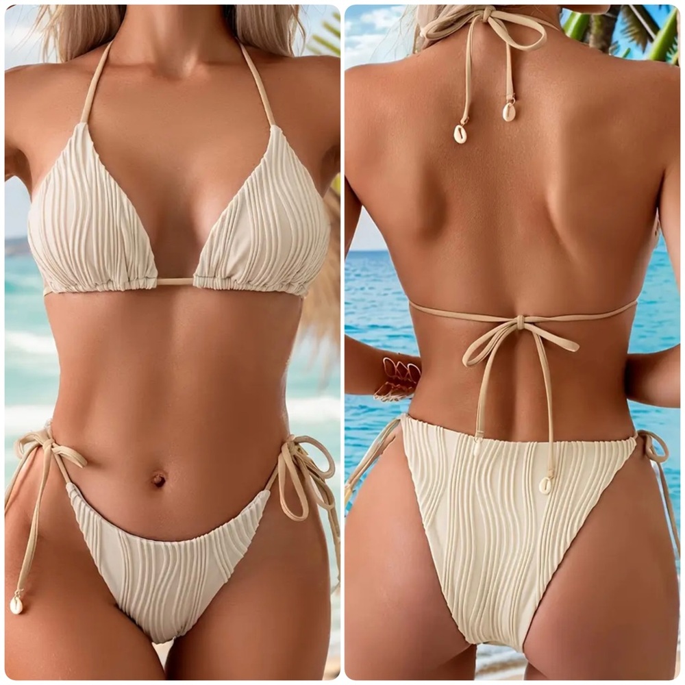 Beige Ribbed Halter Shell Ties Bikini Set